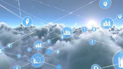 animación de redes de conexiones con iconos sobre nubes y cielo
