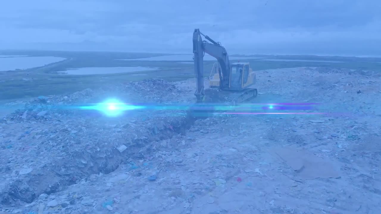 Animation of glowing blue spot over digger in waste disposal site
