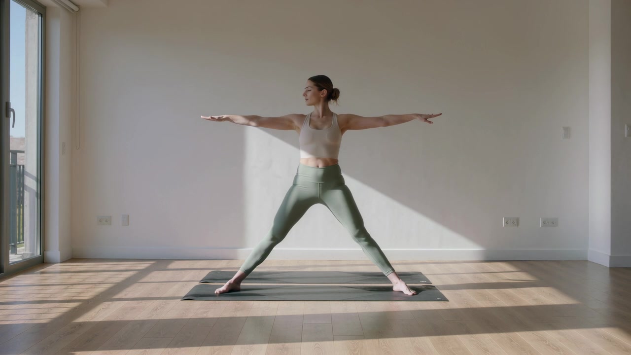 Mulher de roupa esportiva ajustando uma pose ampla no tapete em casa, perto de uma porta de vidro, com a luz do sol guiando o alinhamento.