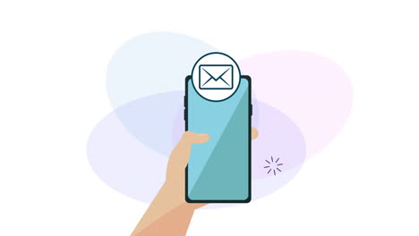 mano usando el teléfono inteligente con animación de marketing de redes sociales