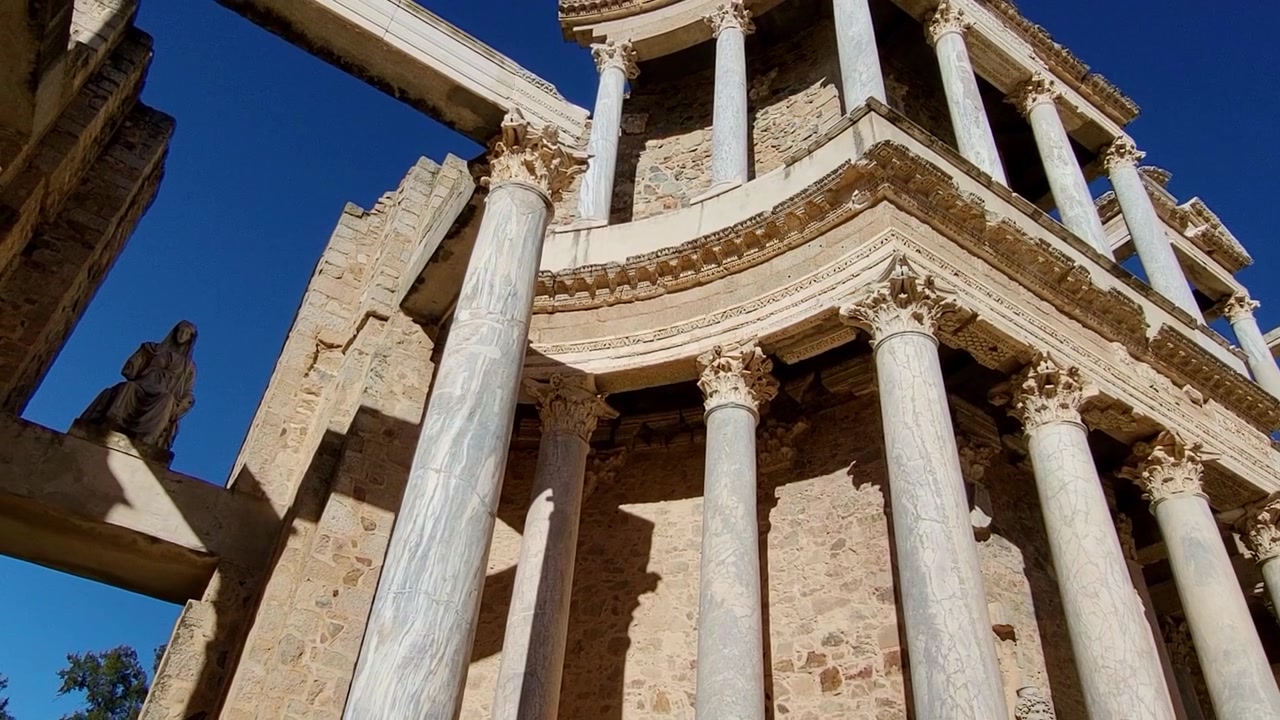 Art of Roman Empire. Roman Theatre of Mérida. Panoramic view of the theatre and seating. Roman Empire architecture. Mérida, Spain.