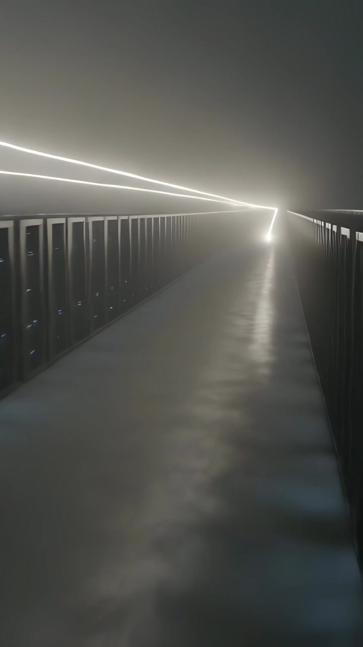 Video verticale: Telecamera in movimento che si avvicina a una passerella sul tetto illuminata a LED di notte, rivelando un'uscita luminosa.