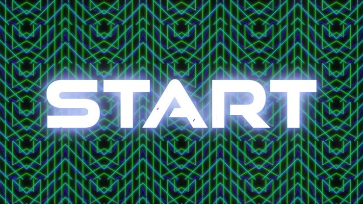 Animation of start text over moving shapes on black background