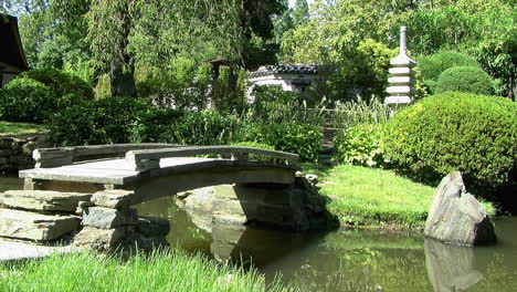 Footbridge-and-decorative-rock-in-the-pond-of-a-Japanese-garden