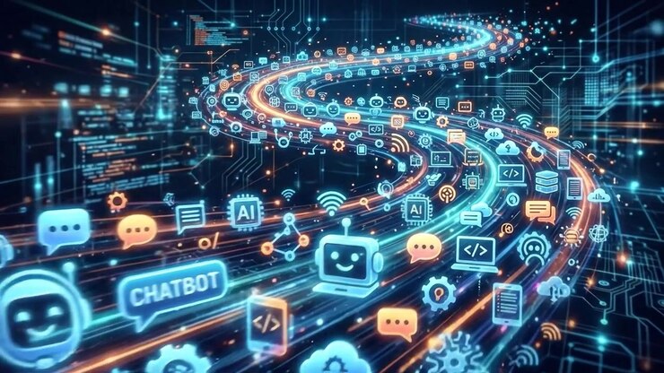 Flusso di dati digitali con icone di intelligenza artificiale e circuiti