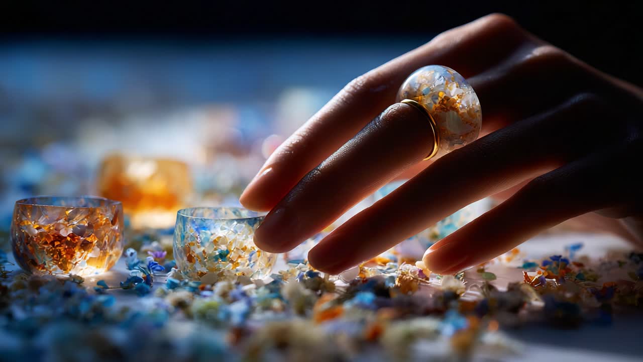Delicate Craftsmanship: A Human Hand Gently Reaches for Vibrant Resin Accessories Amidst an Array of Natural Elements, Showcasing Intricate Details and Artistic Flair