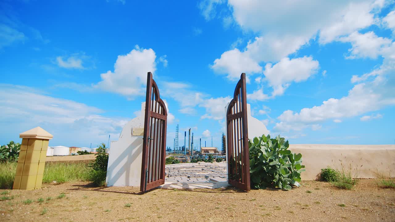 puertas de hierro gigantes que conducen a un cementerio vacío con una gran refinería industrial en la distancia