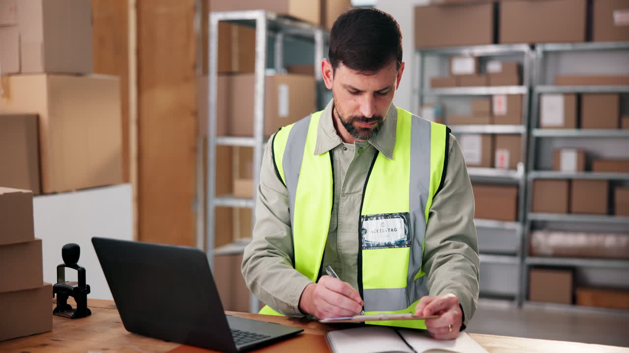 Trabajador de almacén haciendo inventario con un portátil y un portapapeles
