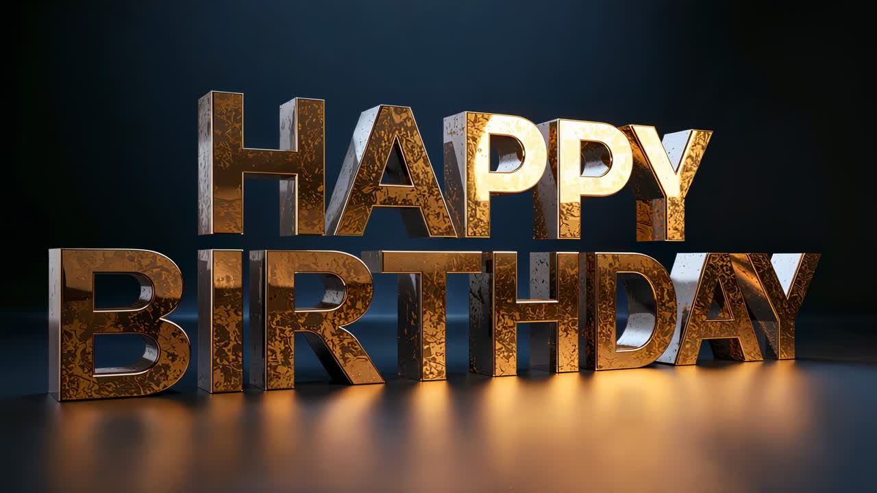 Zooming camera and studio lights revealing tighter view on mirrored floor, HAPPY BIRTHDAY glowing