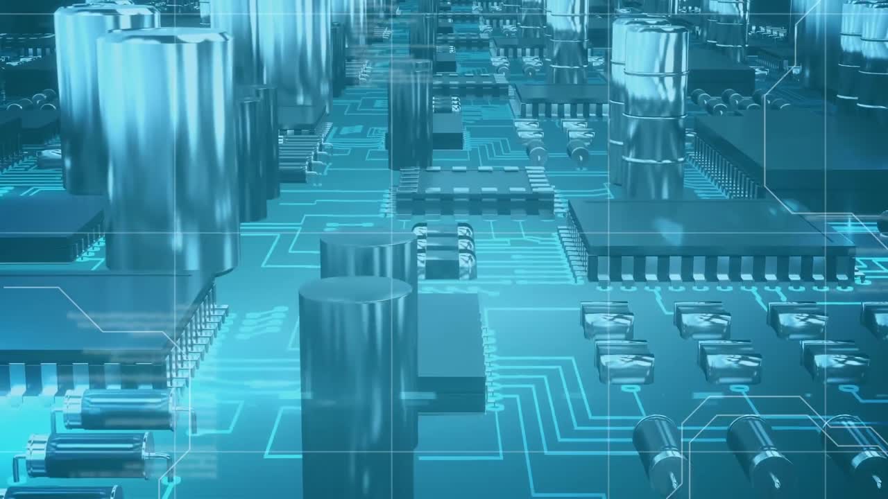 Animation of data processing against close up of a circuit board