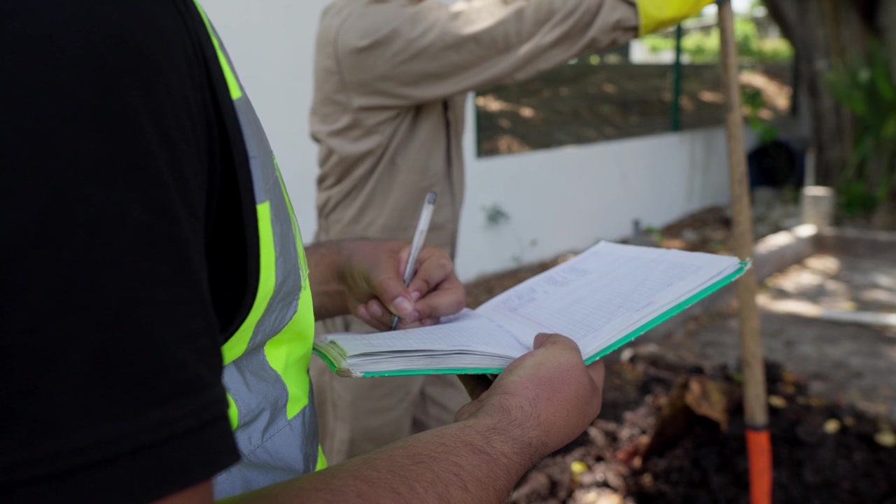 Um engenheiro com equipamento de proteção registra dados de uma pilha de compostagem em um agronegócio mexicano. Este processo é crucial para a gestão sustentável de resíduos orgânicos e para a agricultura regenerativa