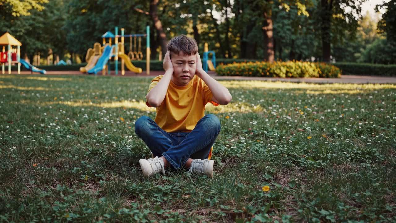 Boy Sitting in Park Covering Ears