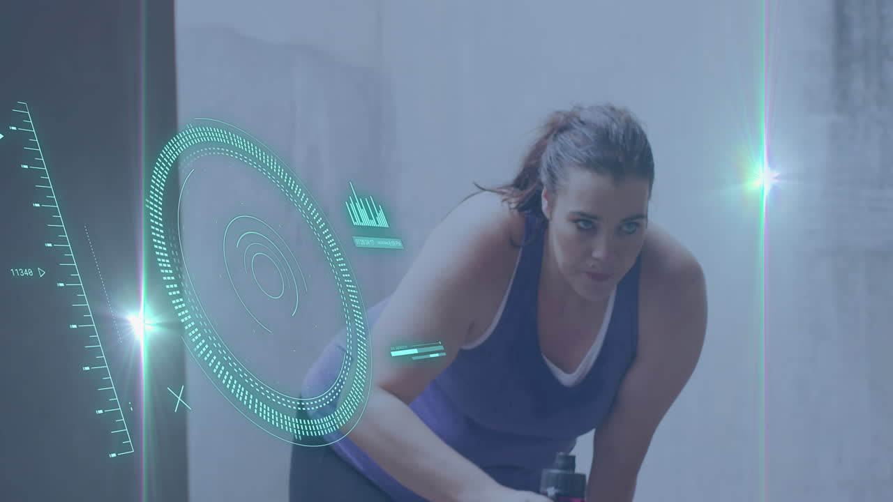 animación de procesamiento de datos sobre tamaño plus mujer caucásica haciendo ejercicio en la calle de la ciudad