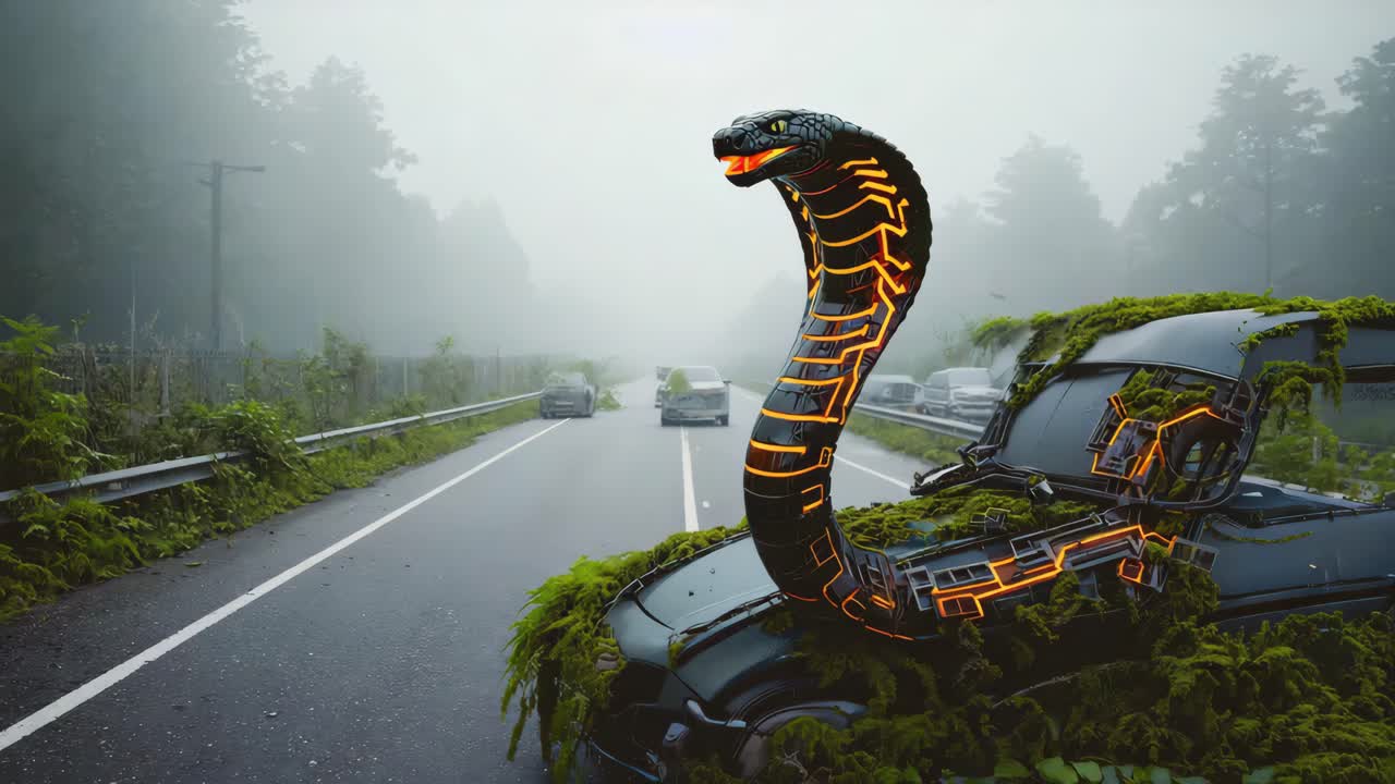 Futuristic cobra on overgrown car