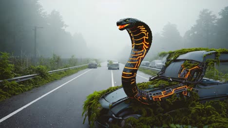 futuristic cobra on overgrown car