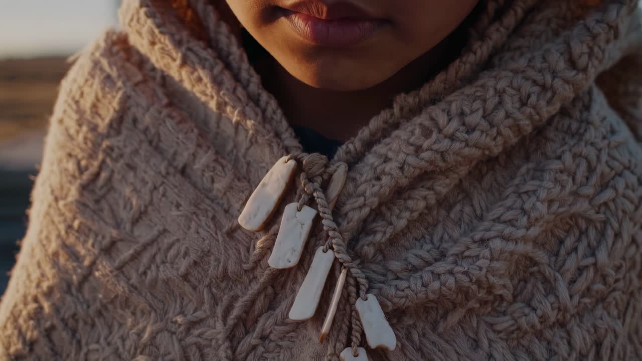 Close up of a young child wearing a handmade poncho adorned with bone ornaments, possibly signifying cultural heritage or spiritual beliefs, during a serene sunset