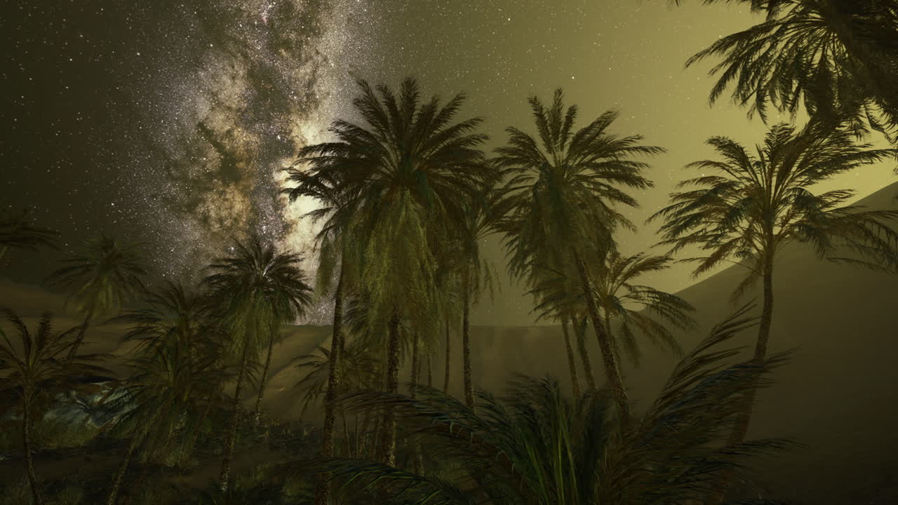 Milky way glows above lush palm oasis under starlit desert sky
