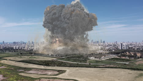 massive explosion over a city skyline