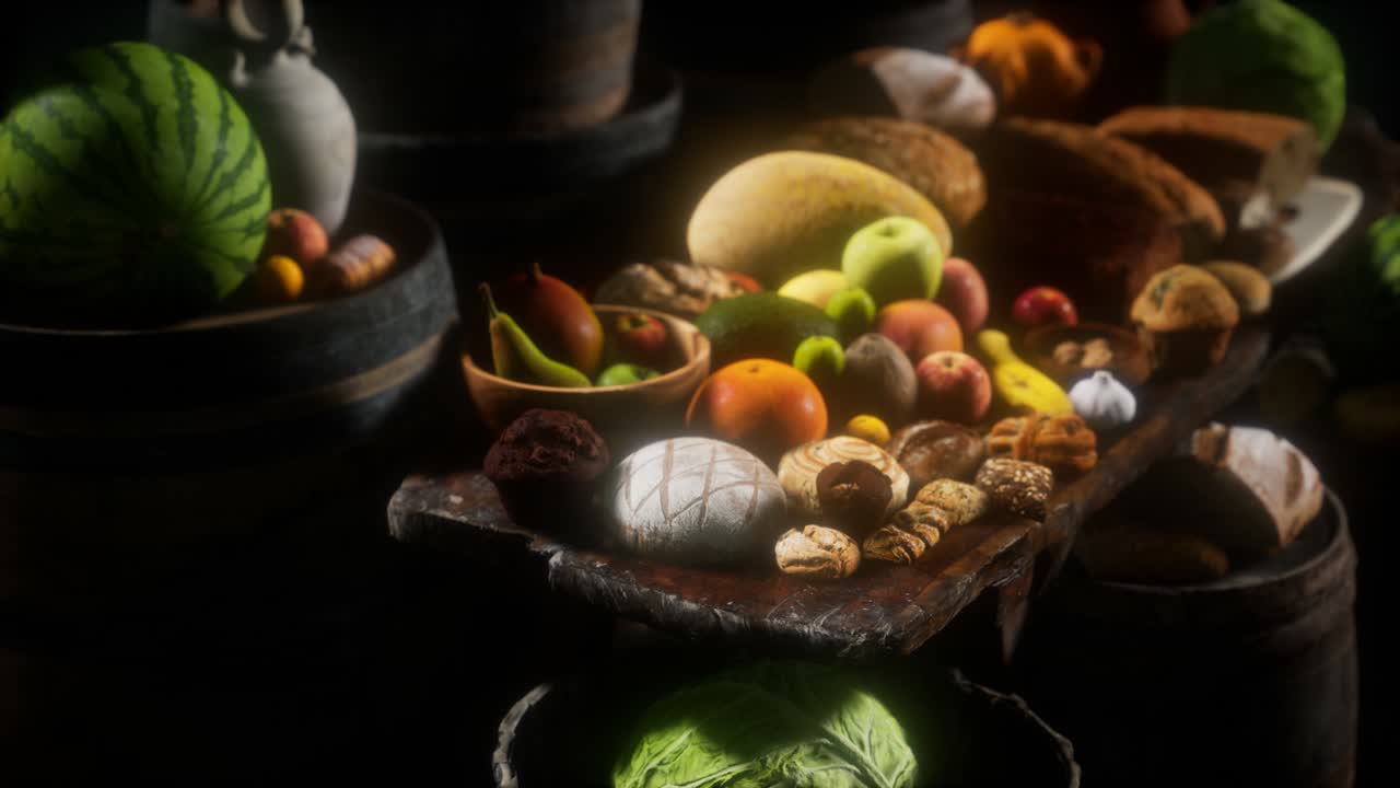 mesa de comida con barriles de vino y algunas frutas, verduras y pan