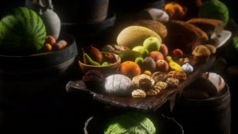 food-table-with-wine-barrels-and-some-fruits,-vegetables-and-bread