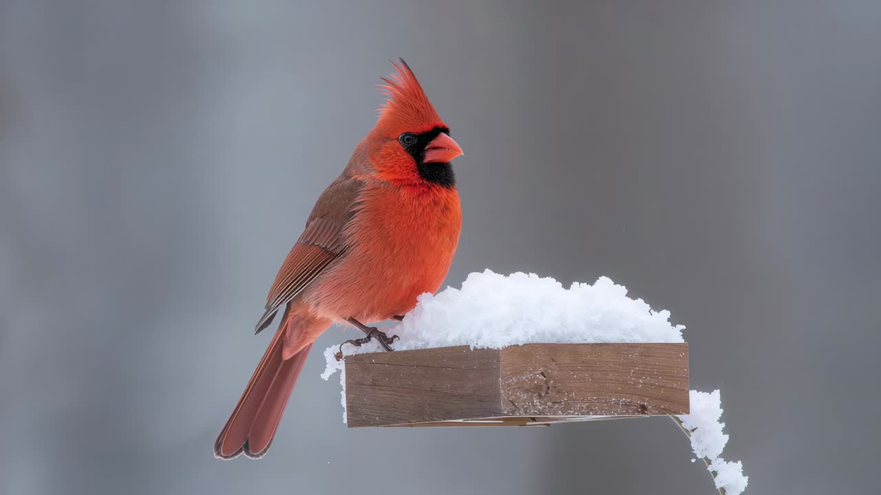 Landender männlicher Roter Kardinal, der im Schnee auf einem hölzernen Futterhäuschen nach Nahrung sucht