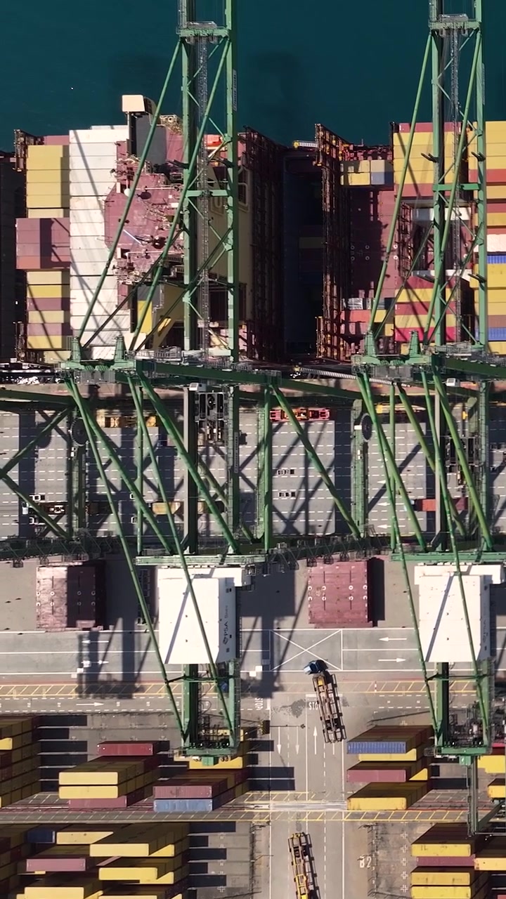 Container terminal located by the water shows multiple container stacks and cargo activities. Workers move shipments while cranes lift containers onto a ship.