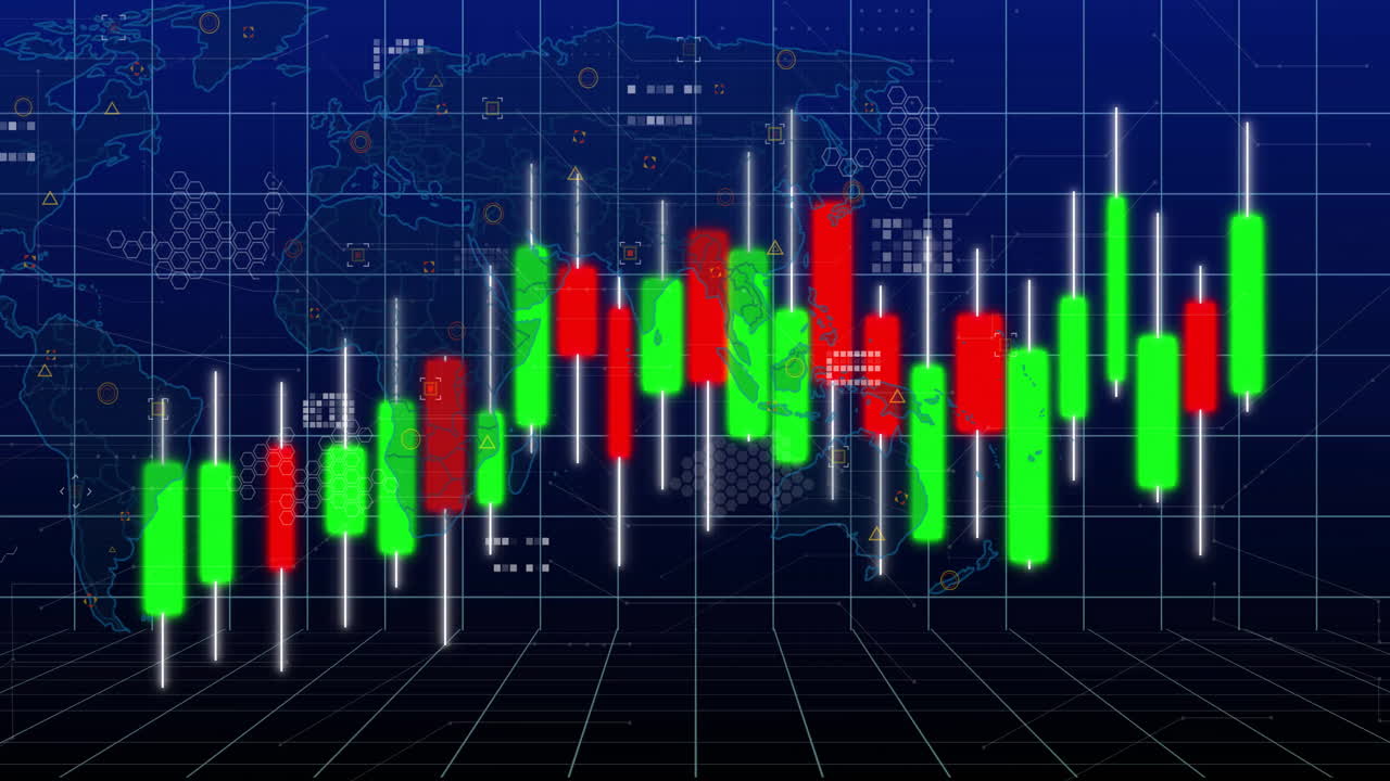 Candlestick chart and financial data animation over world map background