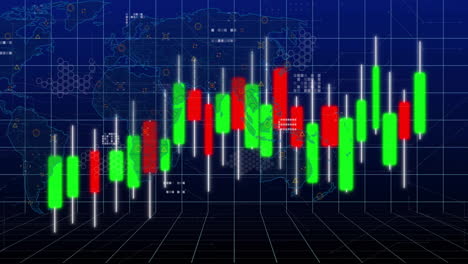 candlestick chart and financial data animation over world map background