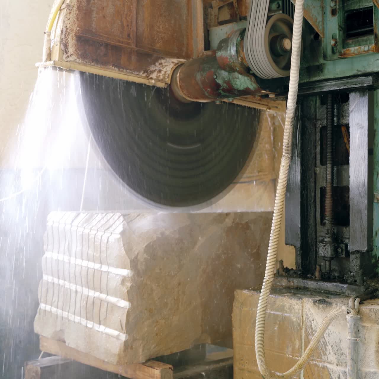 automatic machine with water supply is cutting cobble on the manufacturing. Stone processing