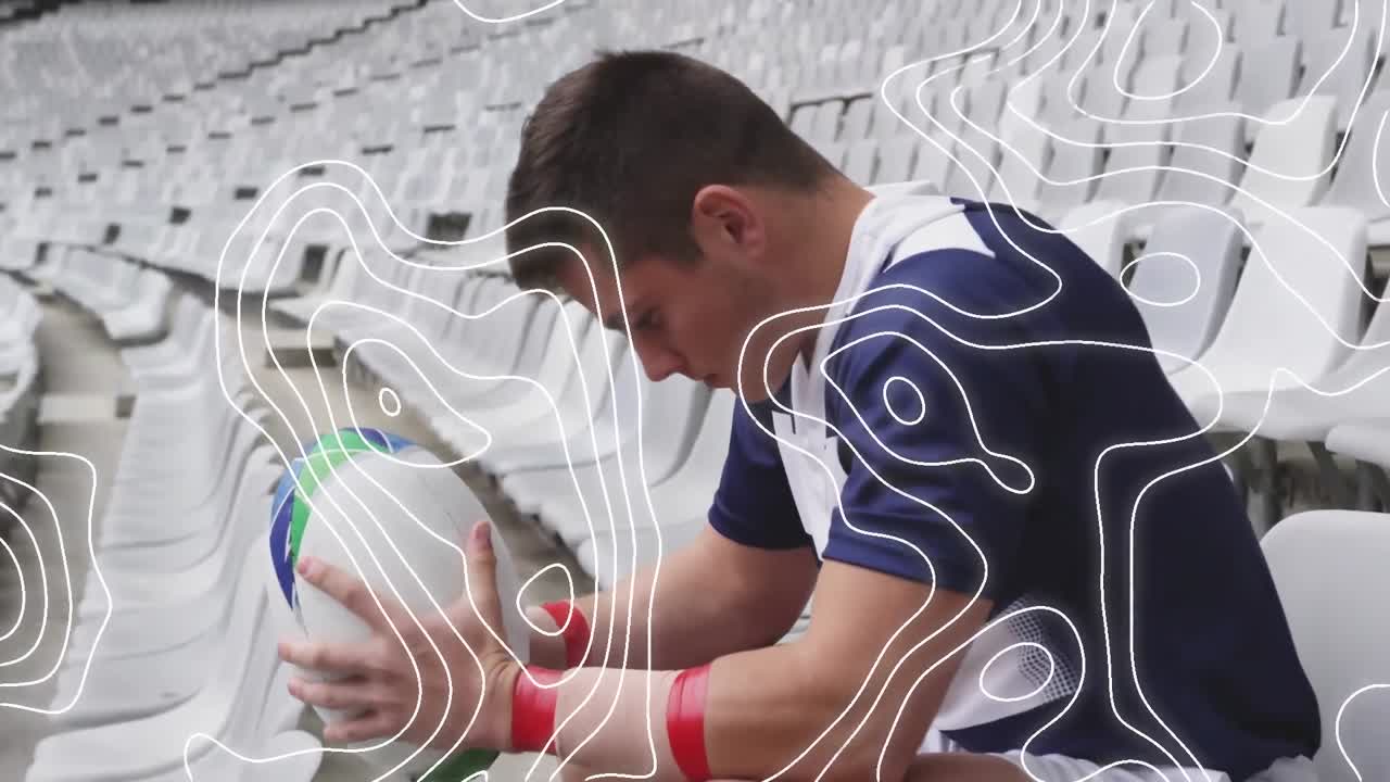 공을 가진 미국 축구 선수 위로 움직이는 모양의 애니메이션