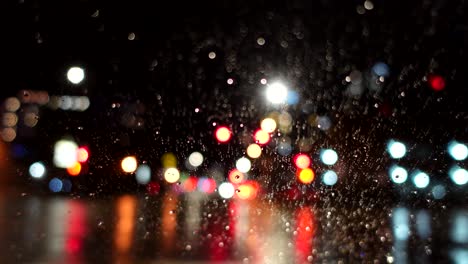 Out-of-focus-footage-of-driving-at-a-rainy-night