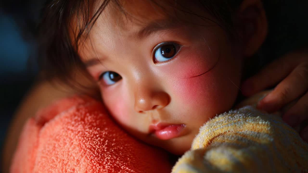 A Close-Up of a Young Child with Expressive Eyes, Capturing Innocence and Emotion, Embracing a Soft Orange Blanket in a Gentle and Warm Environment