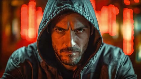 intense man in hoodie portrait