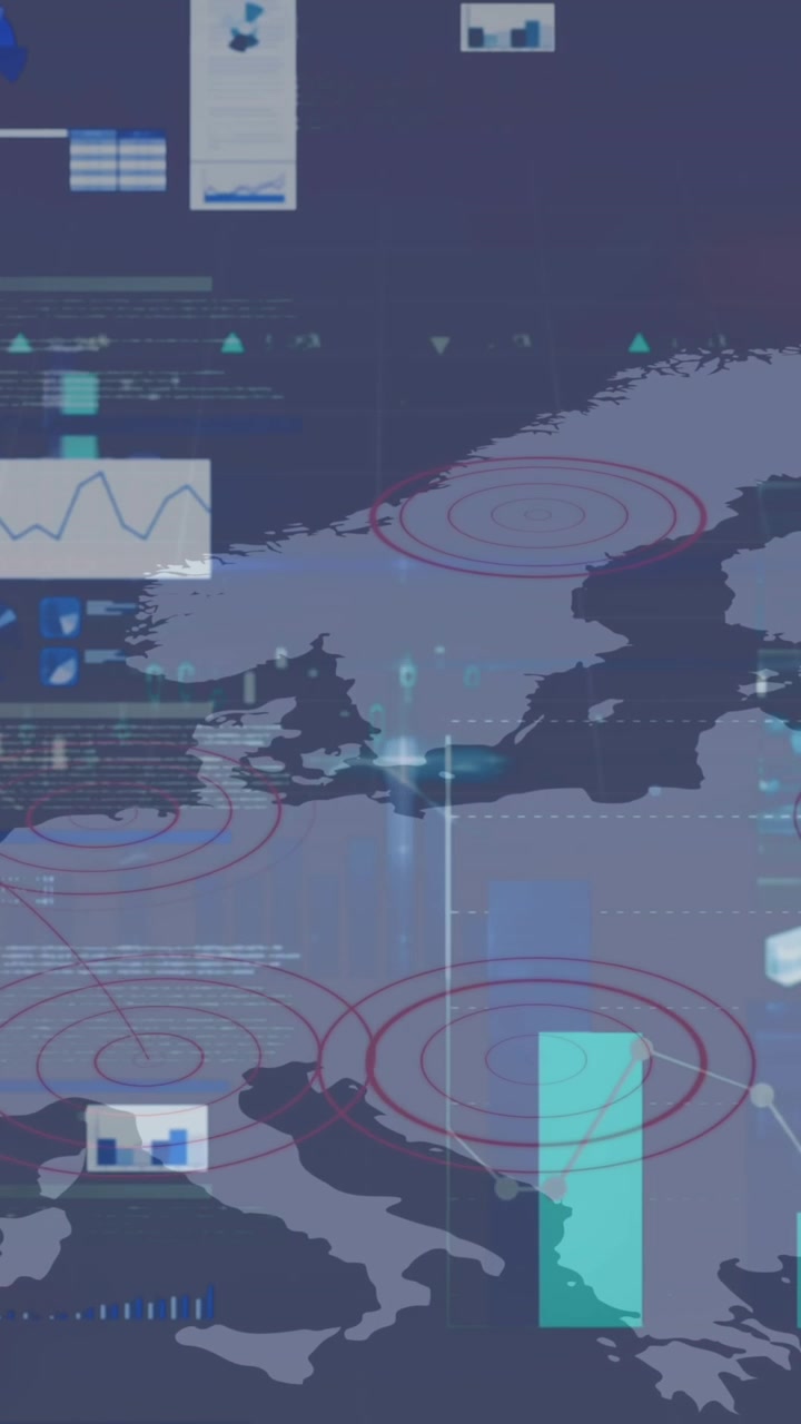 Animation of graphs and charts processing data over world map on black background