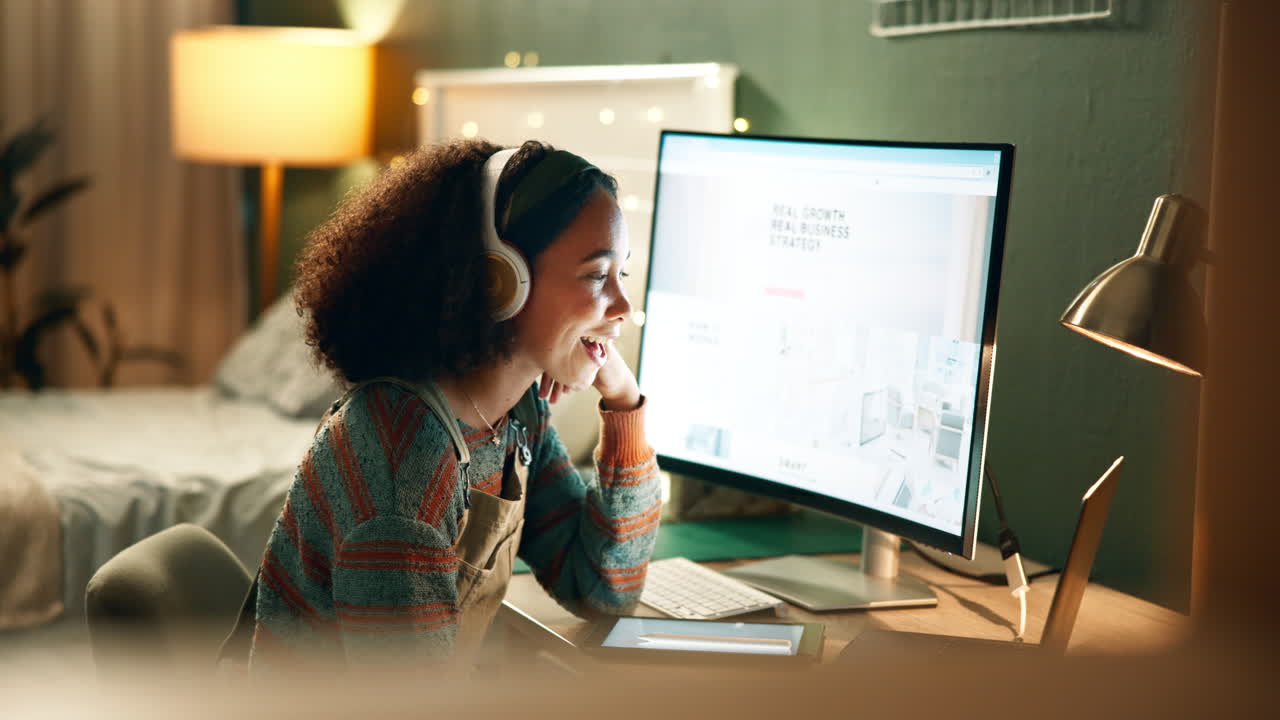 Woman with headphones working on computer at home