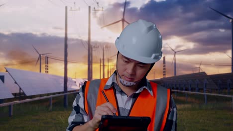 close up of asian male engineer with safety helmet taking note on the tablet and looking around while standing with solar panel and wind turbines