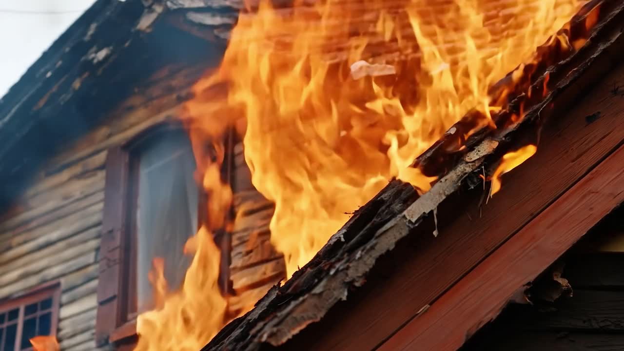 격렬한 불꽃은 극적인 화재 장면에서 목조 집 지붕을 태우고, 구조물 전체에 퍼지는 격렬한 화재를 보여줍니다.