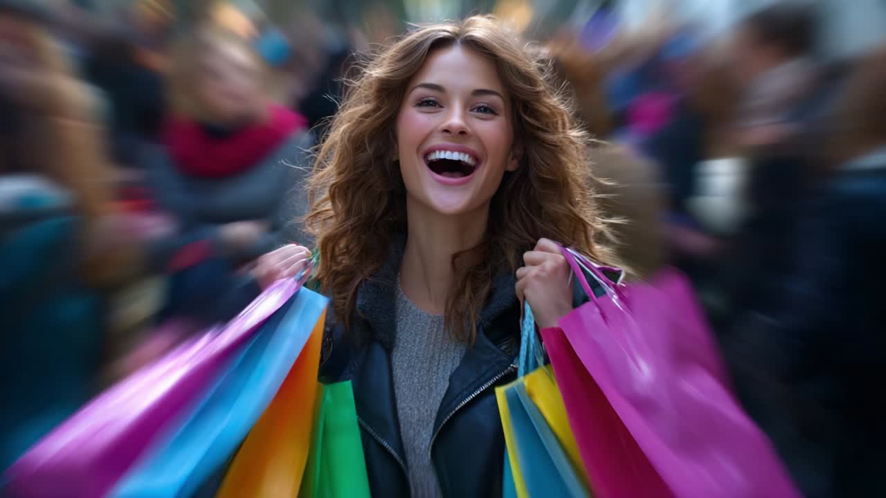 Vibrant Shopping Experience: Joyful Young Woman Embracing the Thrill of Retail Therapy with Colorful Shopping Bags in a Busy City Environment, Infusing the Scene with Excitement and Happiness