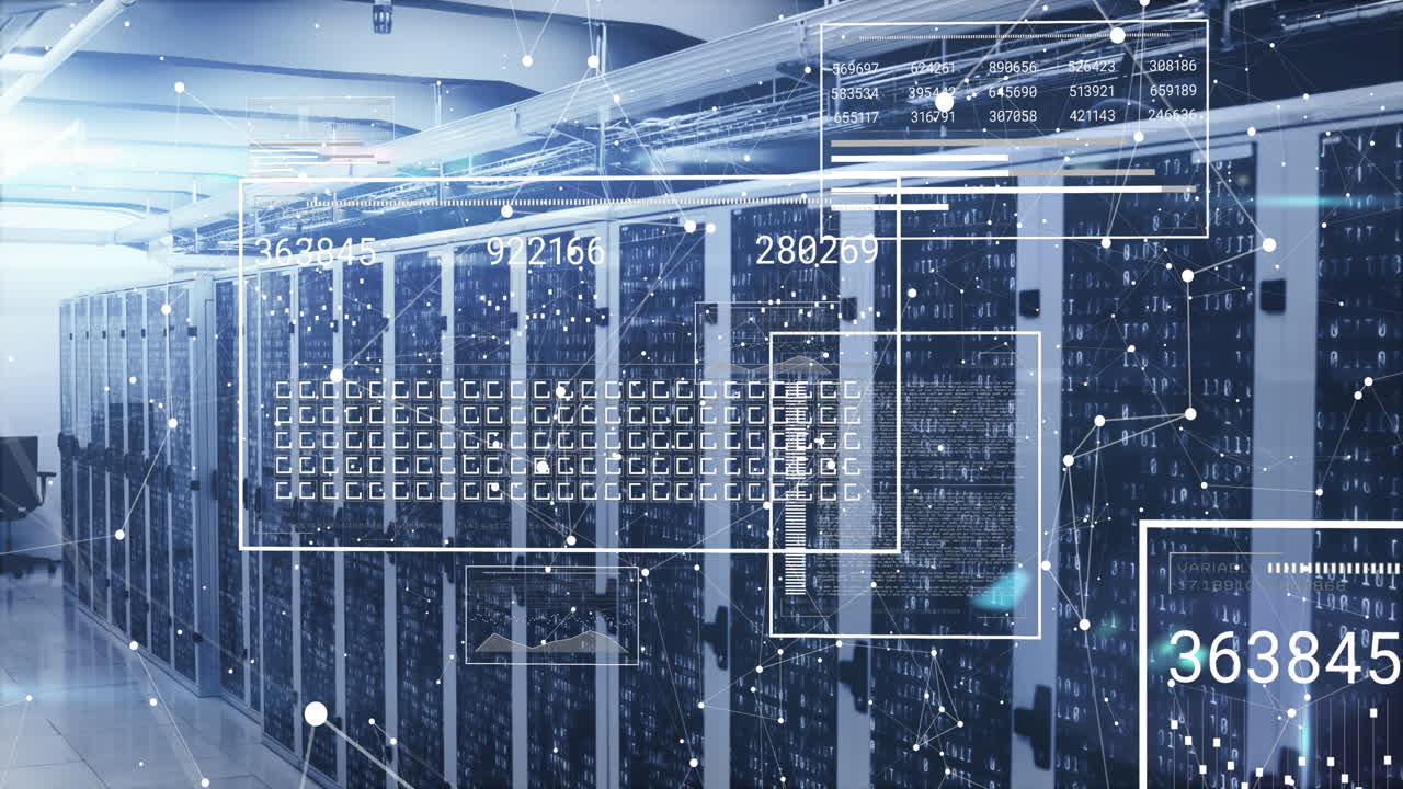 Animation of graphs, loading bars, squares, connected dots over binary codes on data server racks