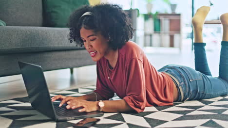 Music, laptop and relax girl on floor carpet