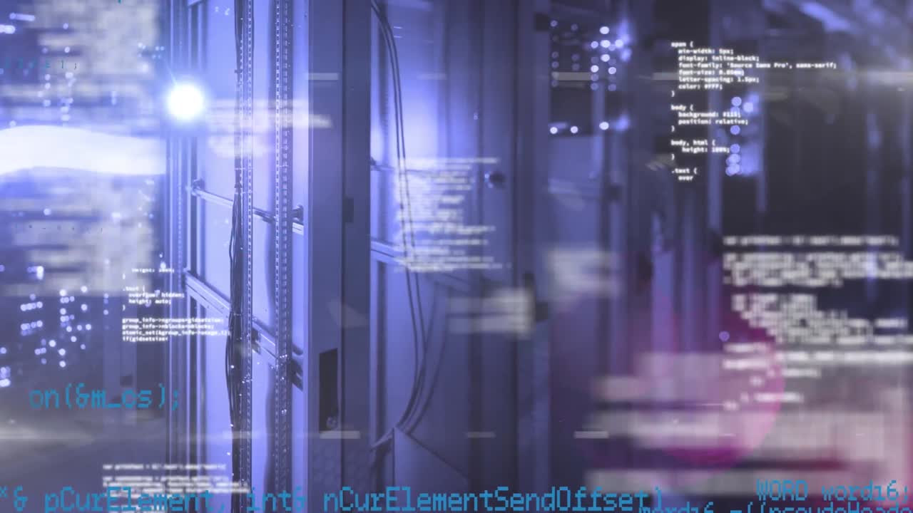Animation of data processing and lights over servers