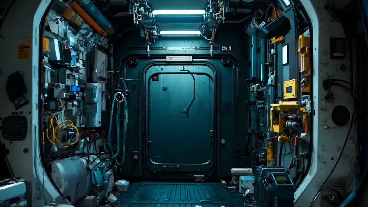 큰 스크린 을 가진 우주 정거장 내부 의 전망