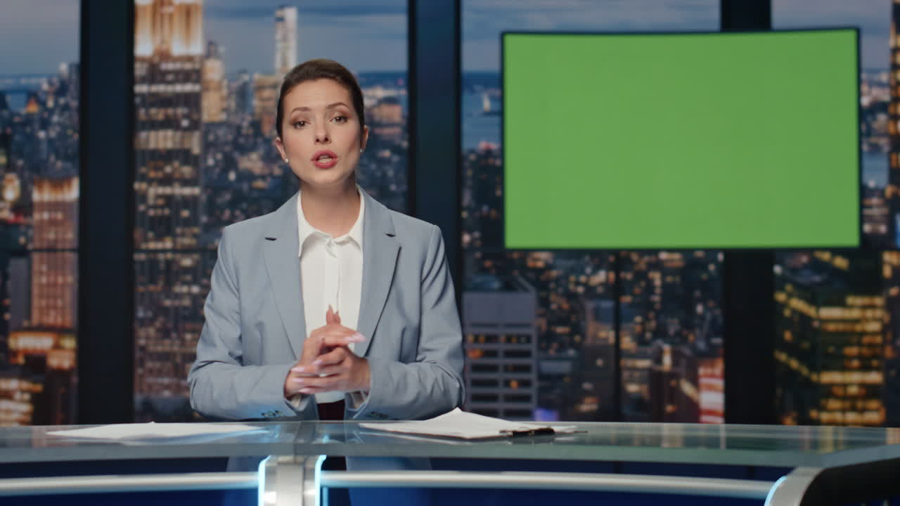 Positive news presenter talking evening chromakey studio closeup. Anchor woman