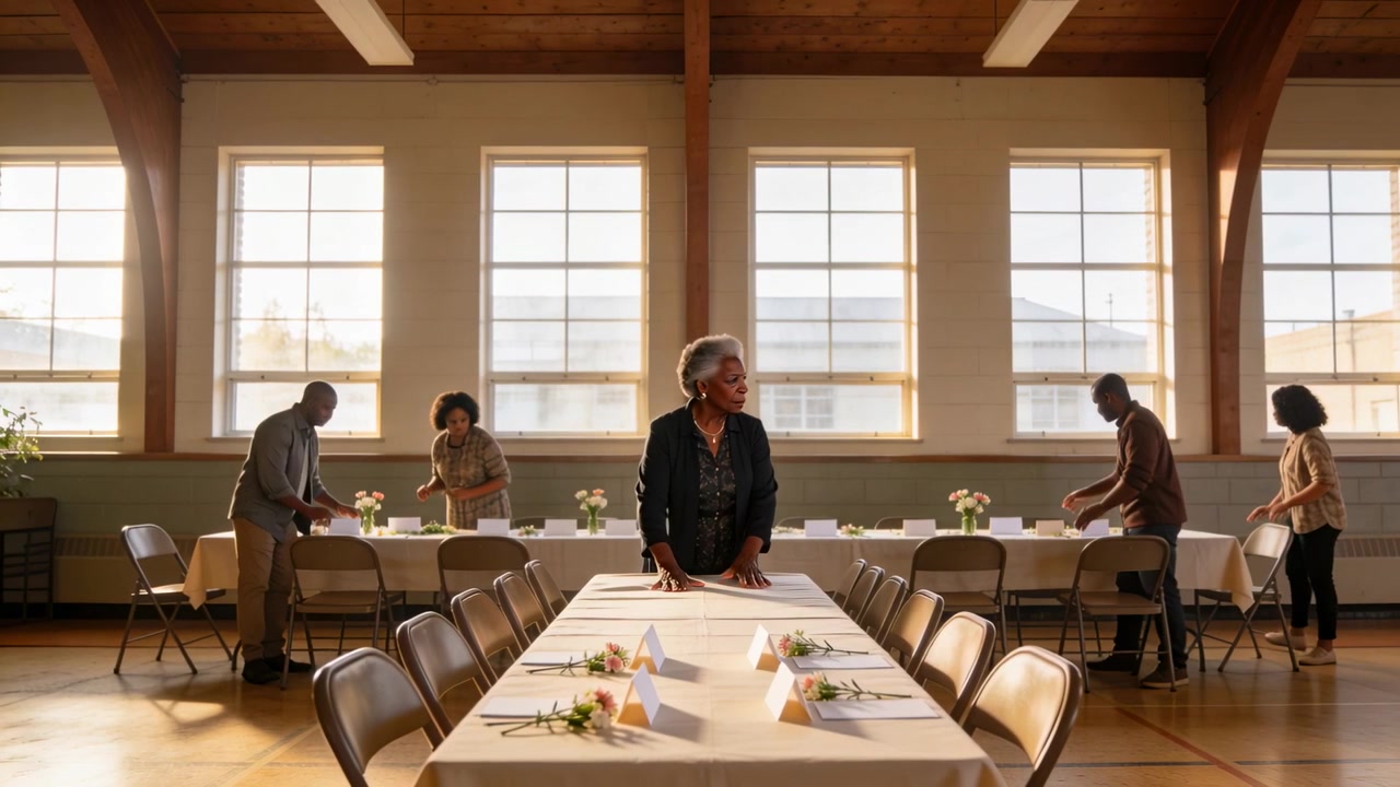 Preparing gathering, senior in blazer smoothing cloth and checking place cards at community hall