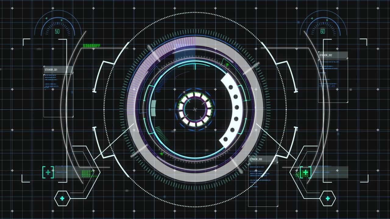 Futuristic HUD interface with circular elements and data processing animation