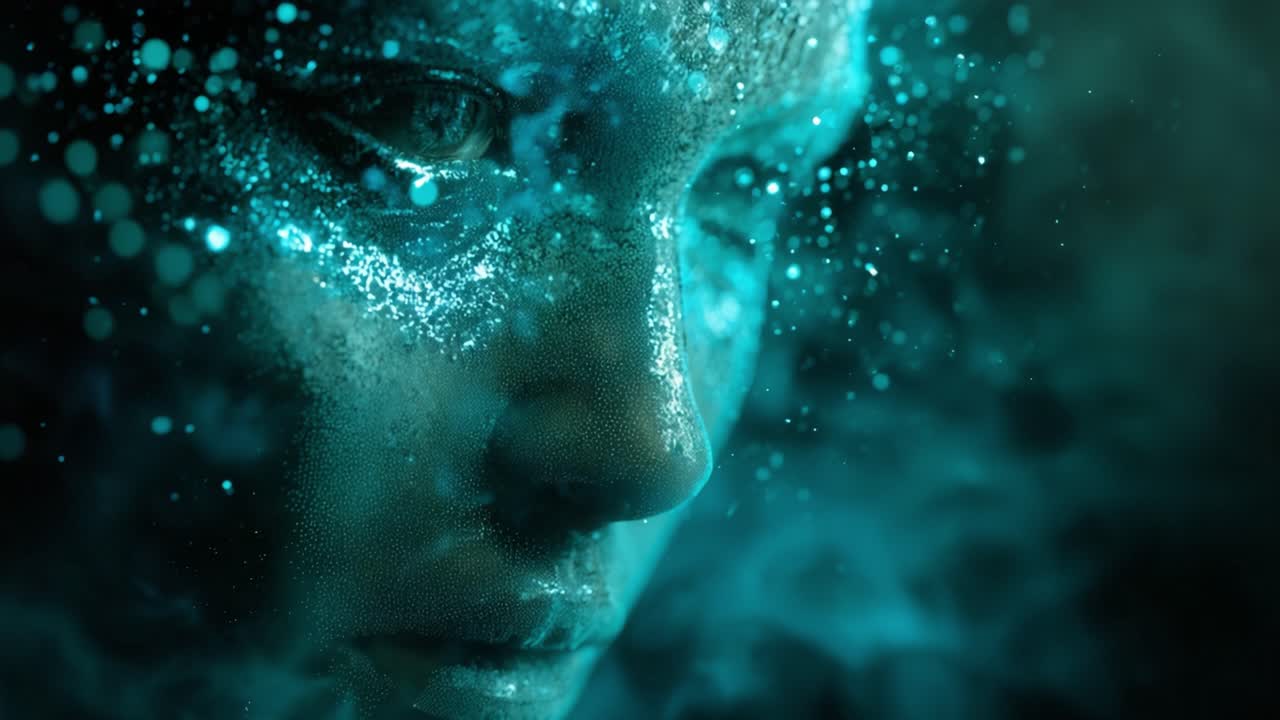 Close up of a contemplative human face transforming into glowing blue particles against a dark, ethereal background, suggesting concepts of digital identity, artificial intelligence, and mortality