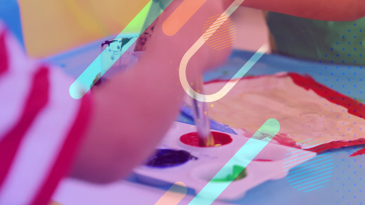 Painting with brushes, children creating art over colorful animation