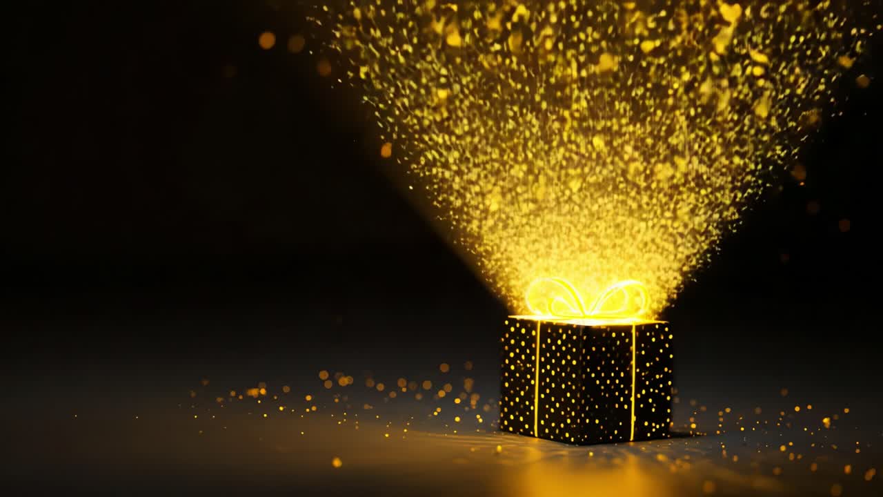 A Magical Gift Box Illuminated by Golden Light and Sparkling Particles, Creating an Enchanting Atmosphere That Captures the Essence of Celebration and Joy in Every Moment