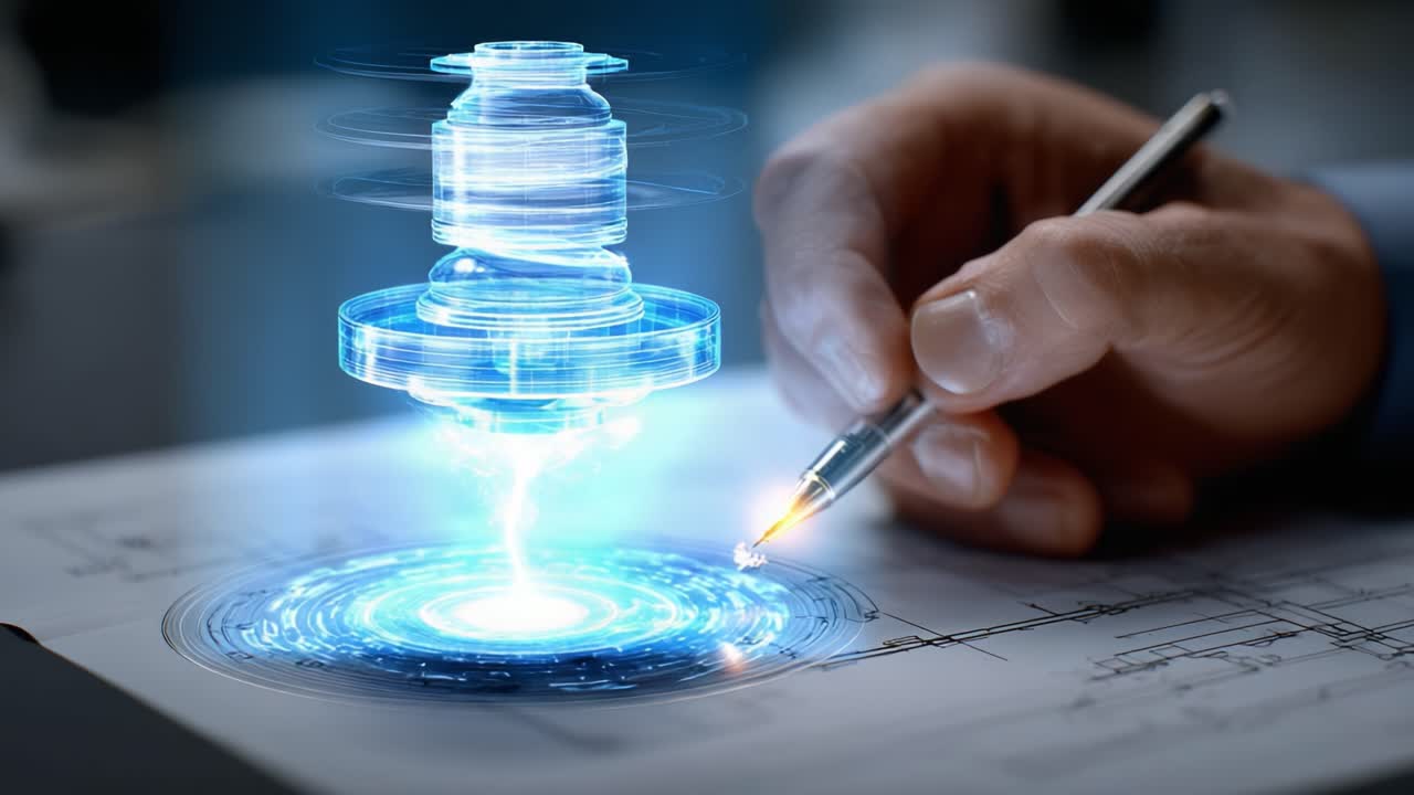 A Creative Hand Engaging with a High-Tech Holographic Device, Emitting Energetic Swirls Above a Blueprint in a Modern Workspace