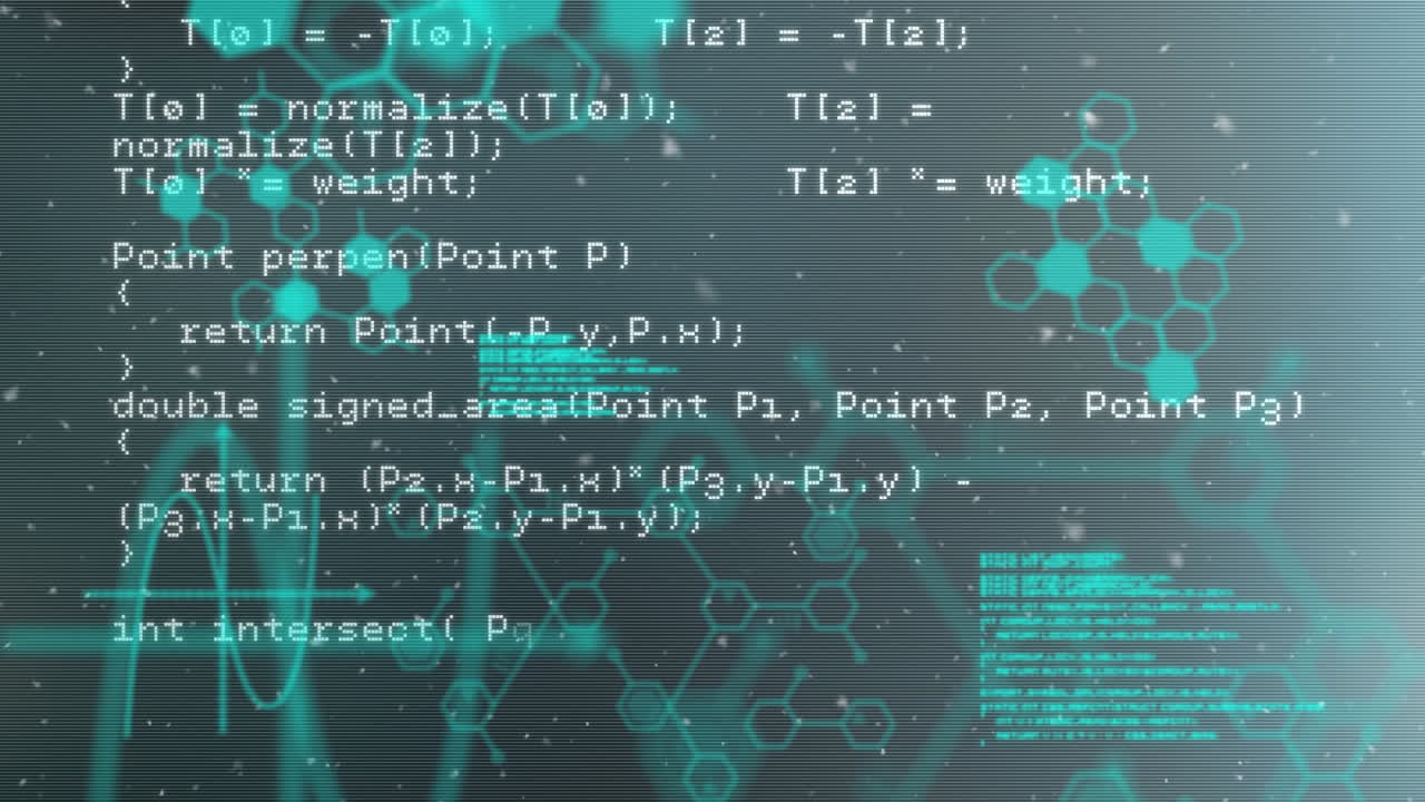 Animation of programming language moving over molecular structures